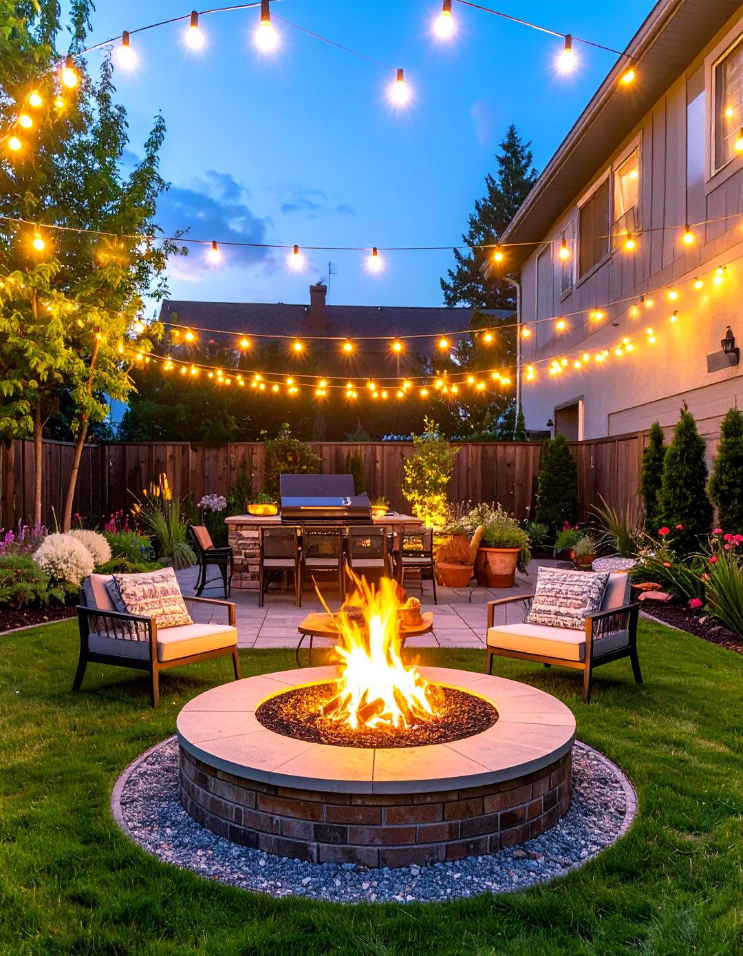 Fire Pit Circle Atmosphere - 40 Patio String Light Ideas to Illuminate Your Nights