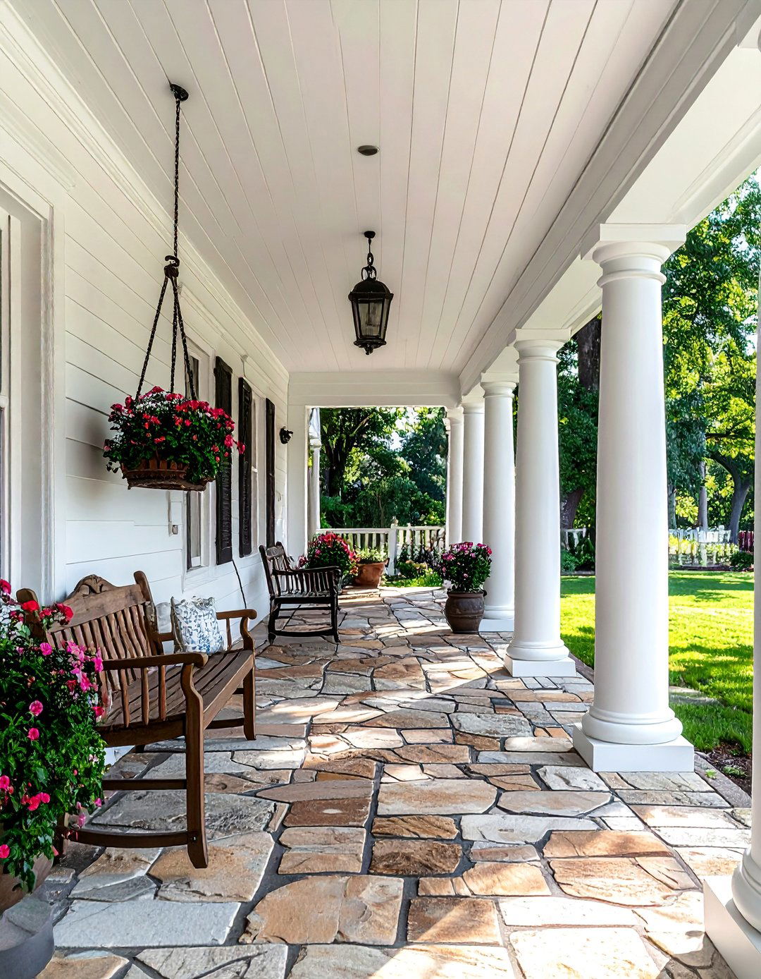 Flagstone Walkway and Porch Floor - 30 Colonial Front Porch Ideas for Charm