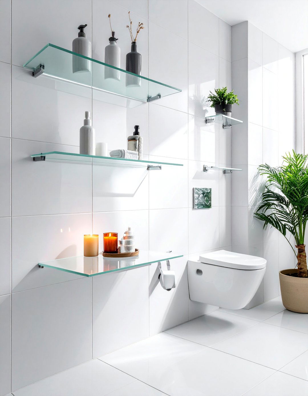 Floating Glass Shelves - 25 Over Toilet Storage Ideas to Maximize Bathroom Space
