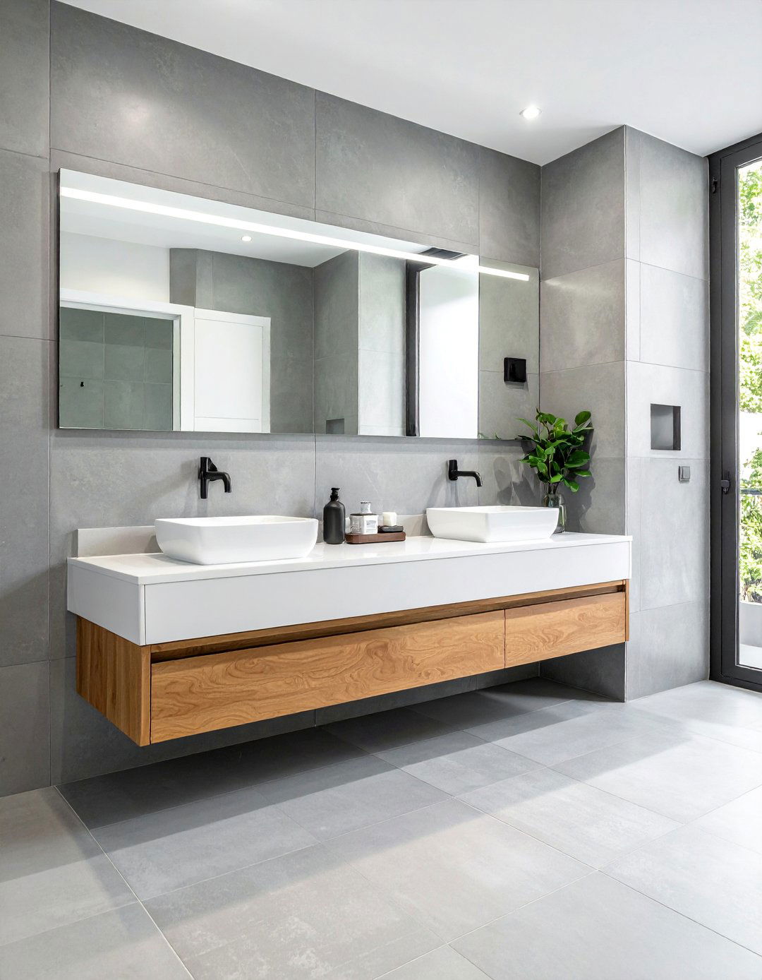 Floating Oak Bathroom Vanity with Undermount Sinks - 40 Bathroom Vanity Ideas to Elevate Your Space