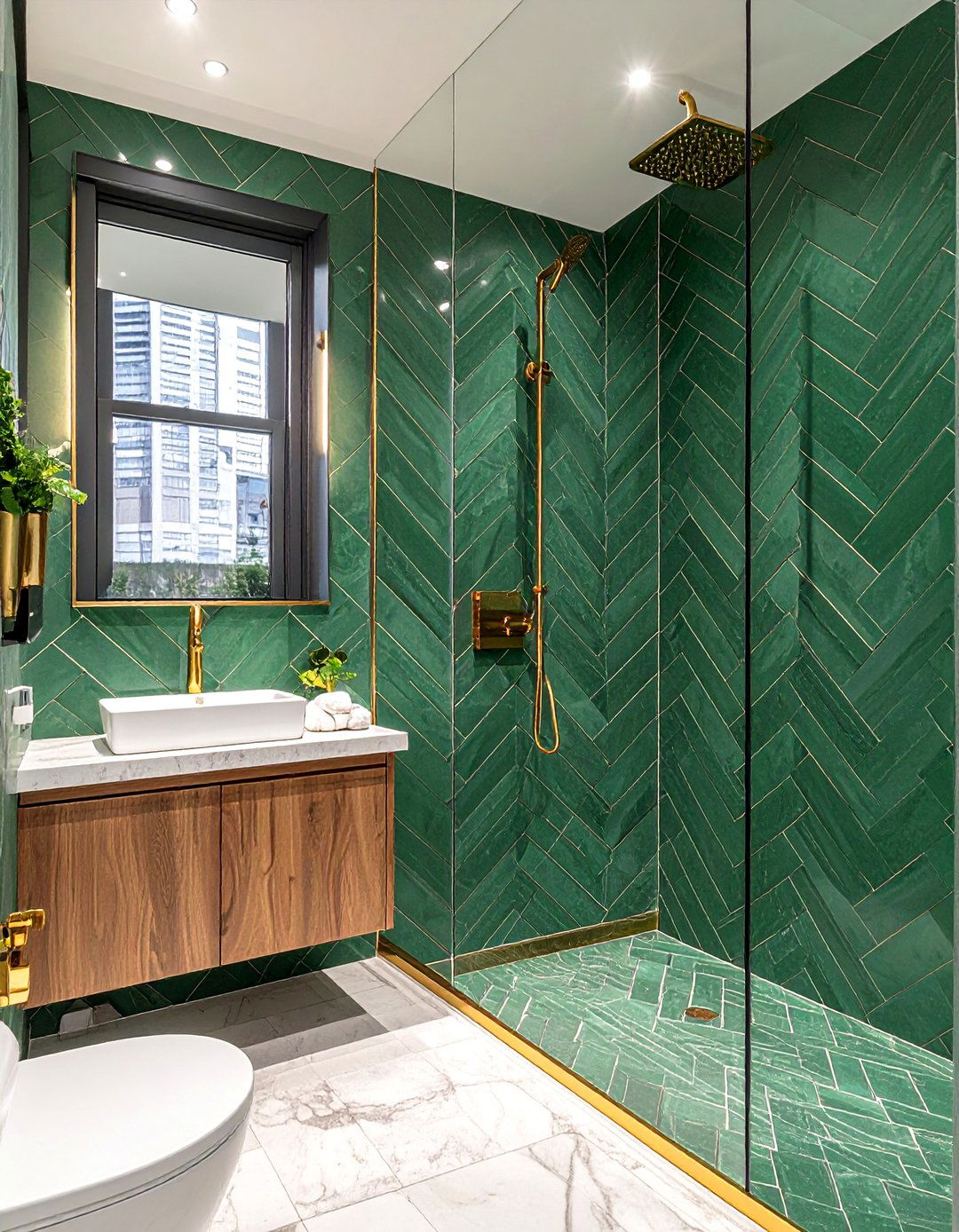 Floor to Ceiling Green Herringbone Tiles and Gold Shower System - 20 Green and Gold Bathroom Ideas for a Luxurious Feel