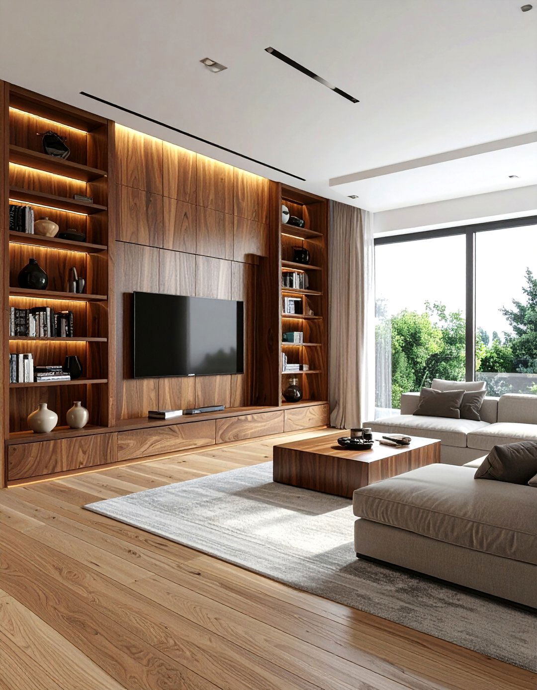 Floor to Ceiling Media Wall with Built In Shelving - 35 Stunning Media Wall Ideas to Transform Your Living Space