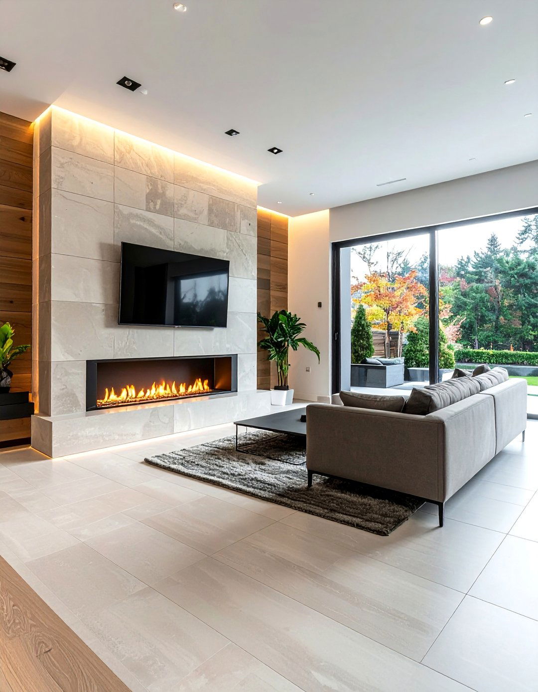 Floor to Ceiling Tile Linear Fireplace - 20 Linear Fireplace Ideas With TV Above for Cozy Nights