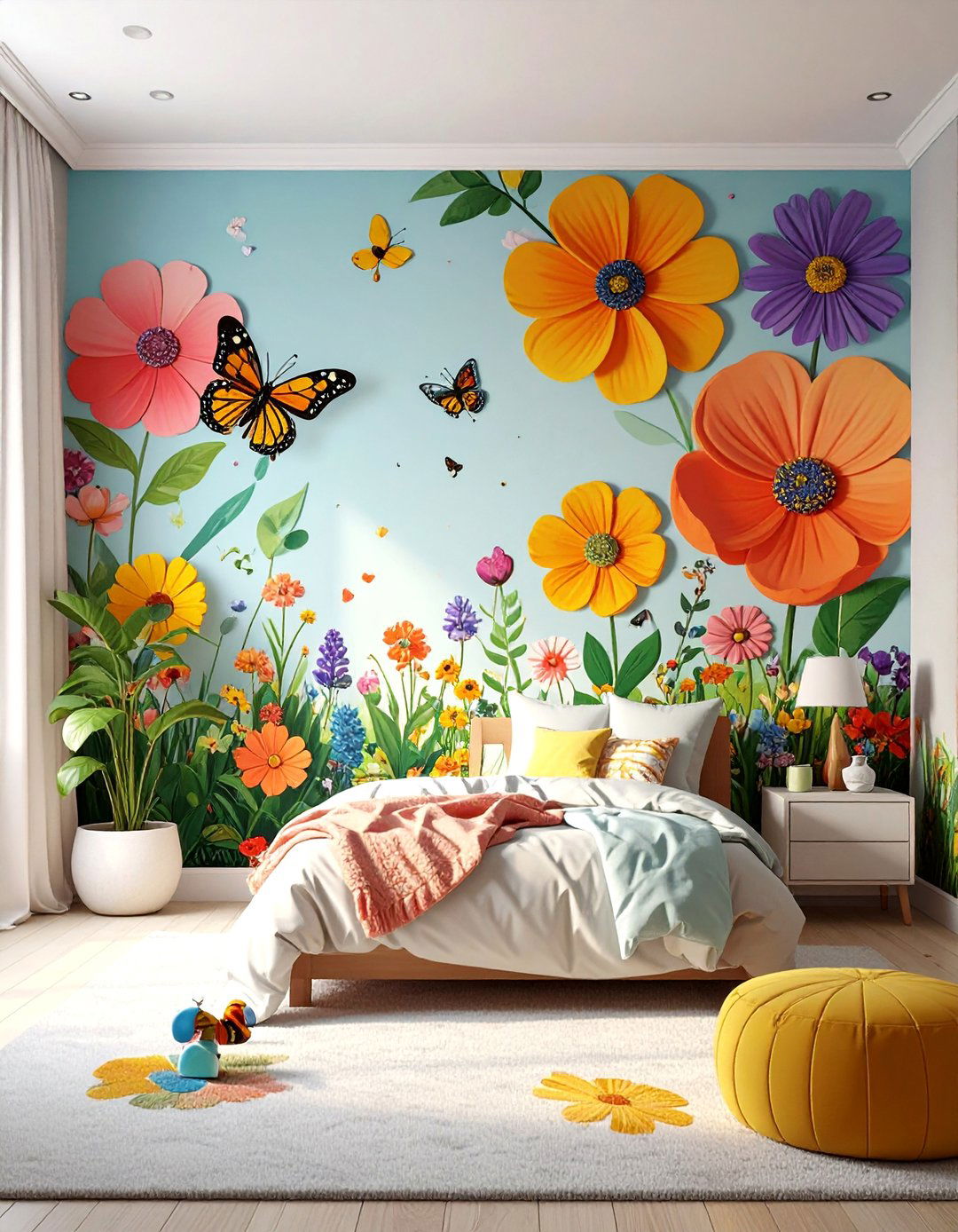 Floral Garden Butterfly Sanctuary - 30 Kids Room Accent Wall Ideas for a Fun and Creative Space