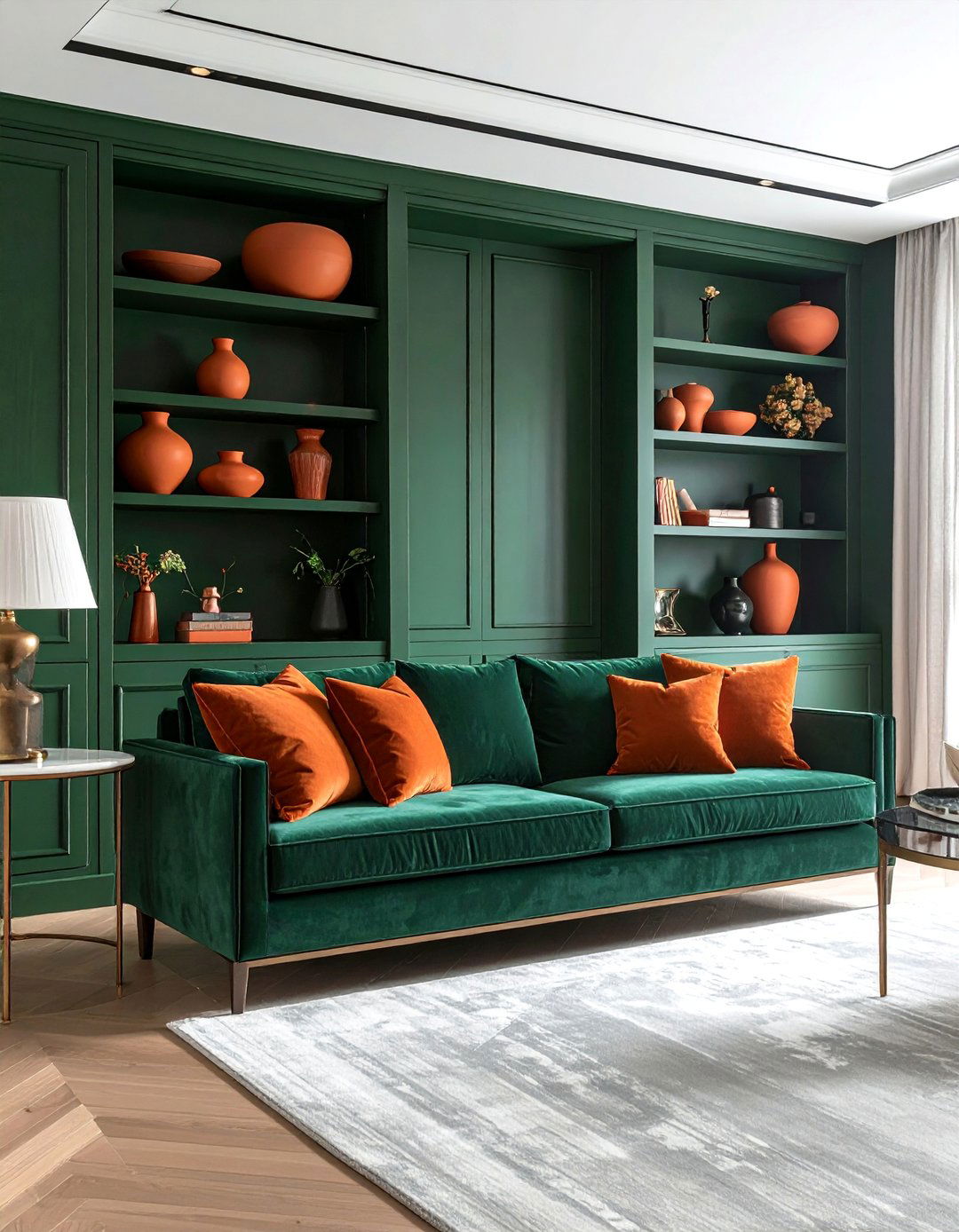 Forest Green Cabinetry with Terracotta Decor - 20 Green and Terracotta Living Room Ideas for Warmth