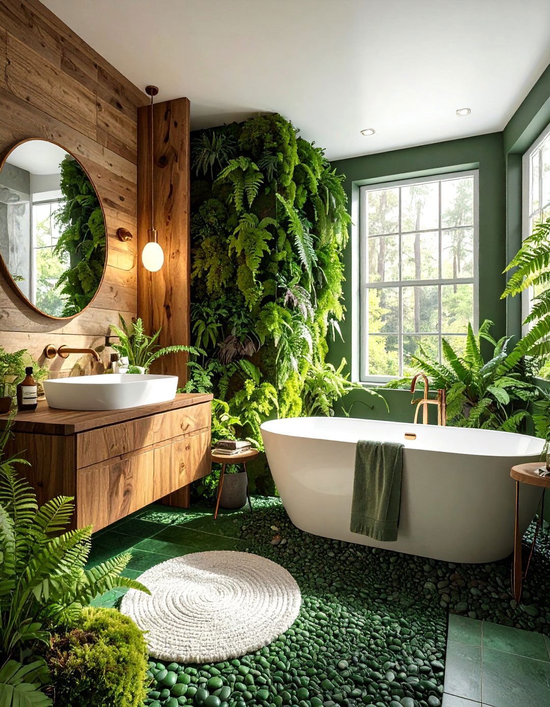Forest Green Nature Theme - 20 Pebble Tile Bathroom Ideas for a Natural Look