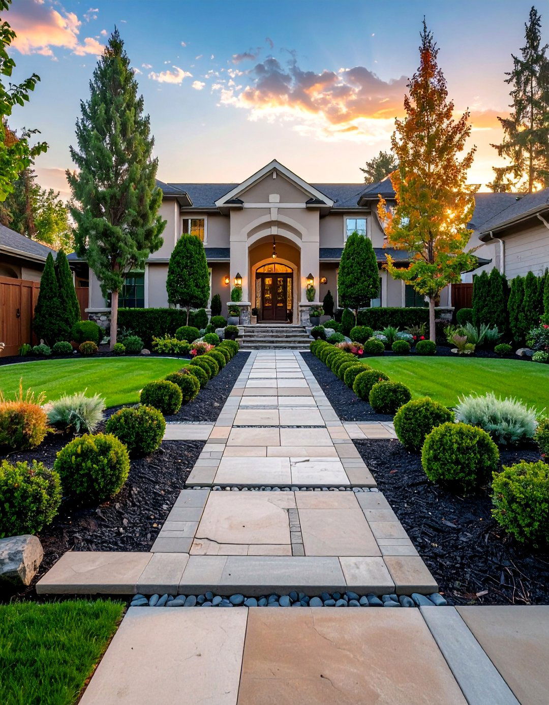 Formal Symmetrical Design - 30 Front Yard Landscaping Ideas With Rocks and Mulch