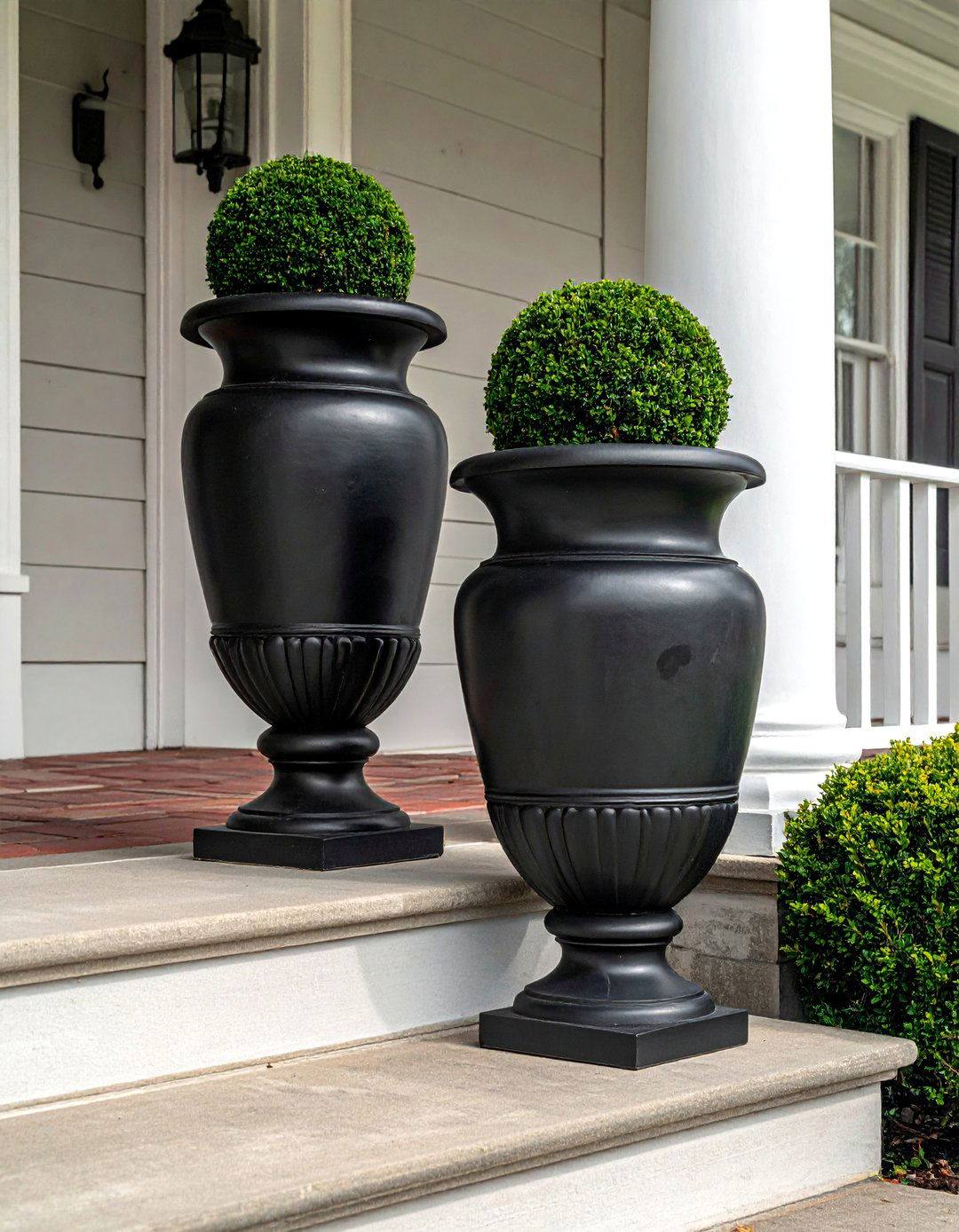 Formal Urn Planters with Boxwoods - 30 Colonial Front Porch Ideas for Charm
