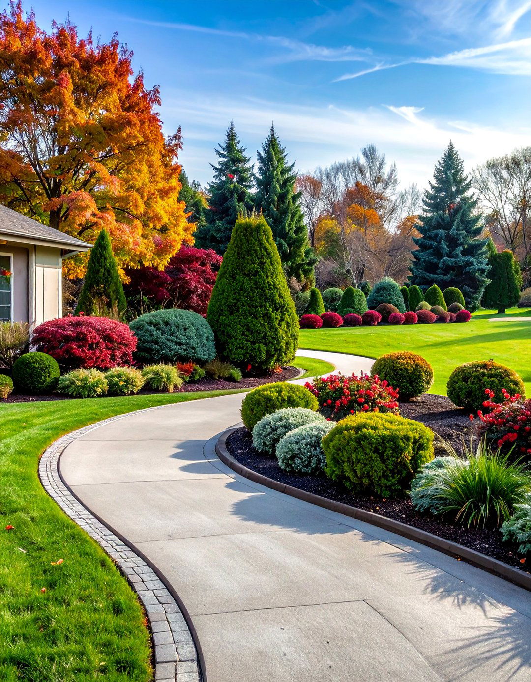 Four Season Evergreen Display - 30 Circular Driveway Landscaping Ideas for Your Home