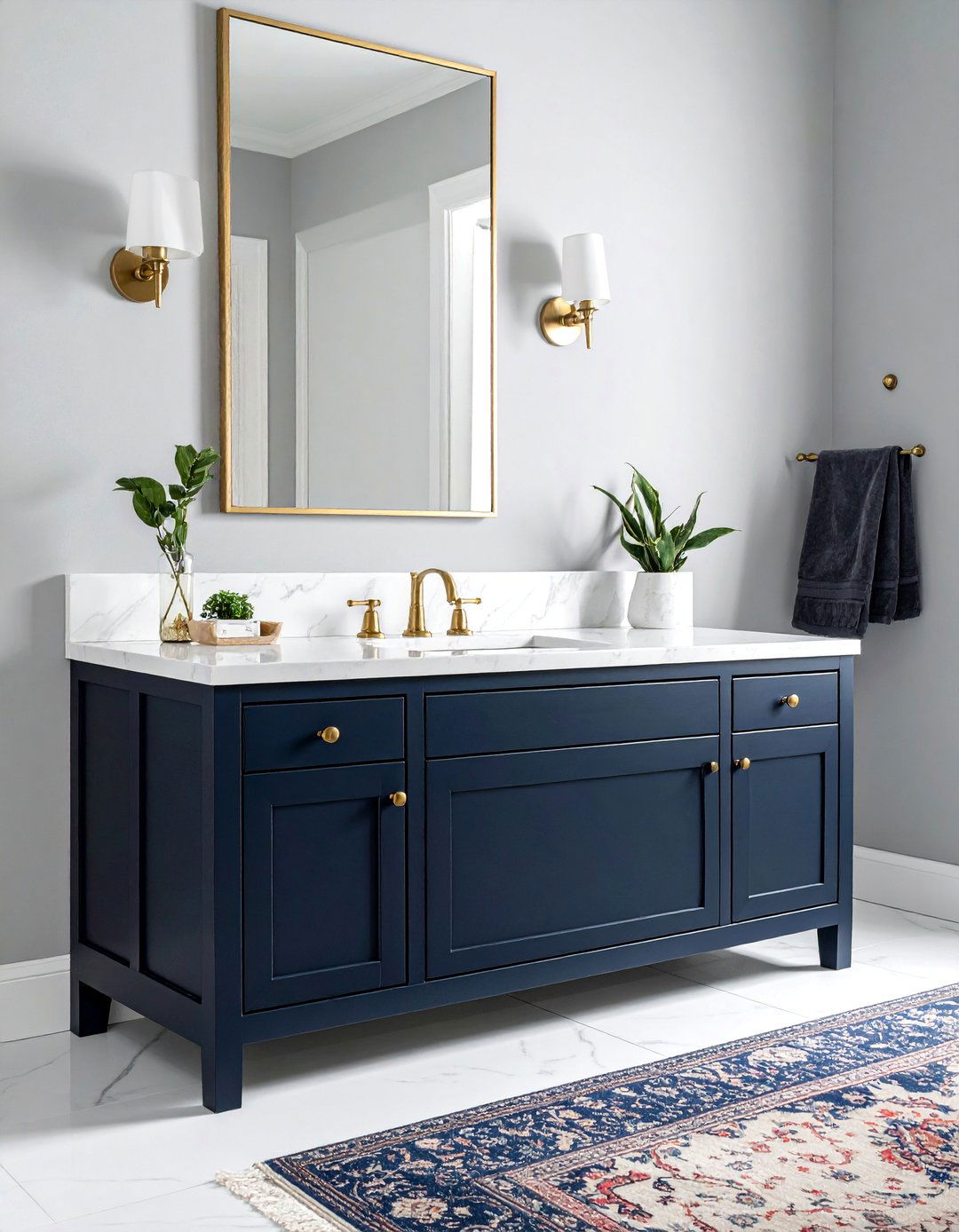 Freestanding Dark Navy Bathroom Vanity with Brass Hardware - 40 Bathroom Vanity Ideas to Elevate Your Space