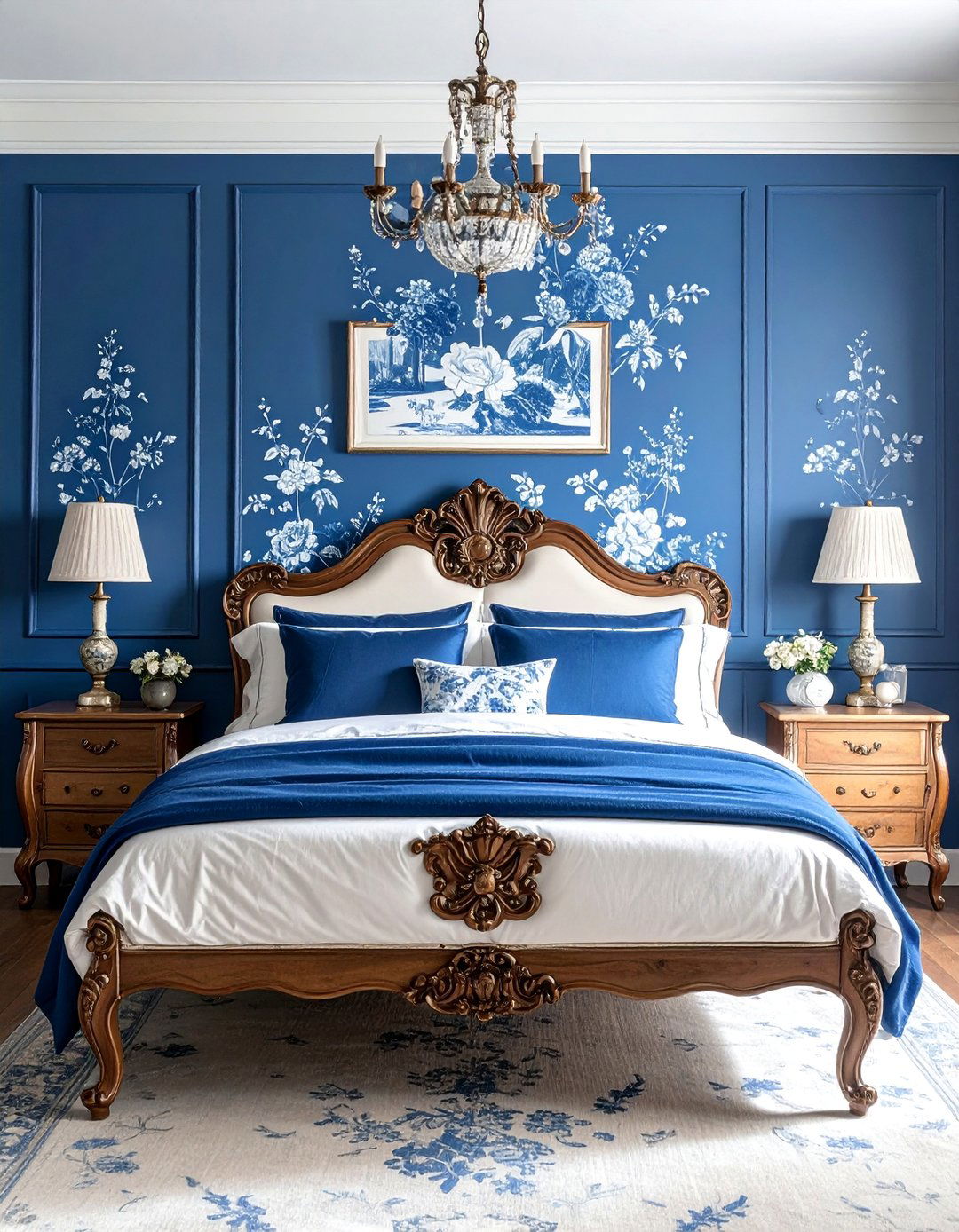 French Blue Toile Wallpaper - 40 Blue Bedroom Ideas for a Serene and Relaxing Atmosphere