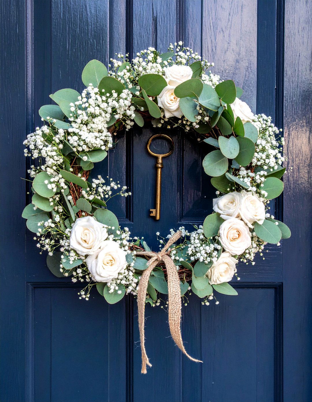 Front Door Wreath with a New Key Accent - 20 Housewarming Decoration Ideas for a Warm Welcome