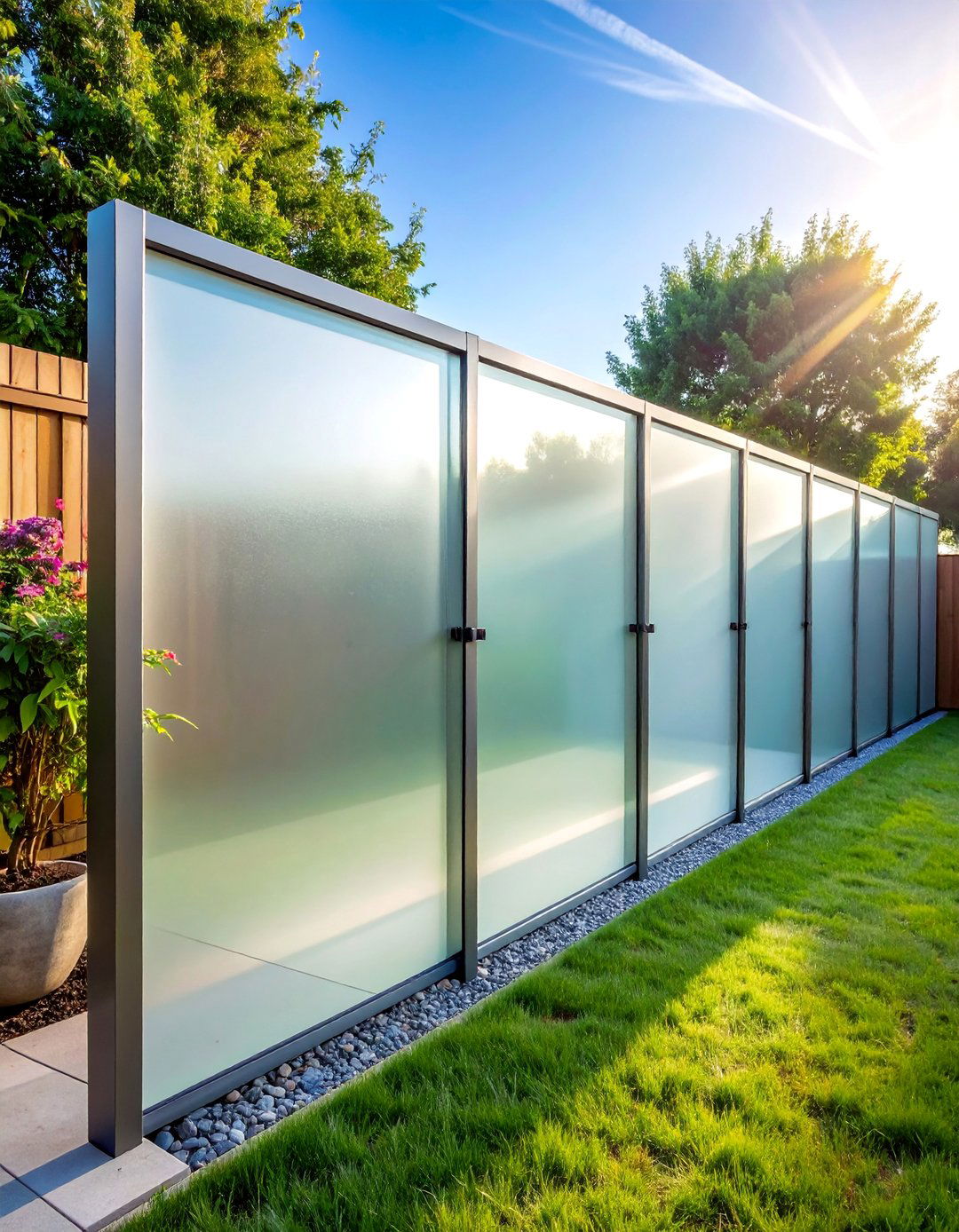 Frosted Glass Privacy Panel Fence - 25 Backyard Fence Ideas to Enhance Your Outdoor Space