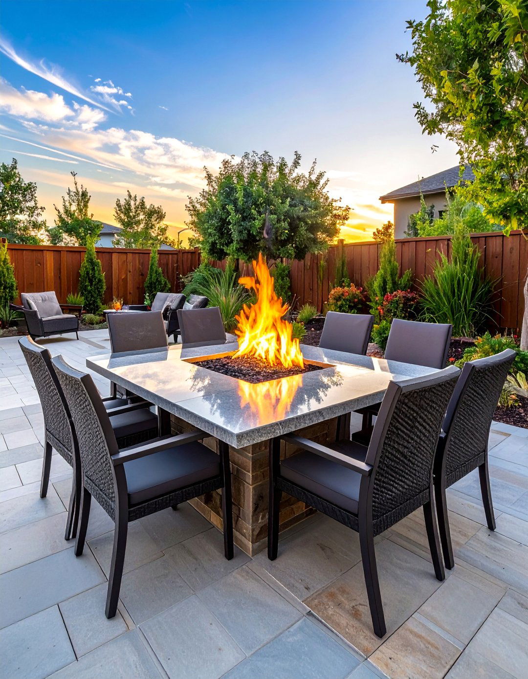 Gas Fire Table with Dining Integration - 20 Front Yard Fire Pit Ideas for Cozy Evenings