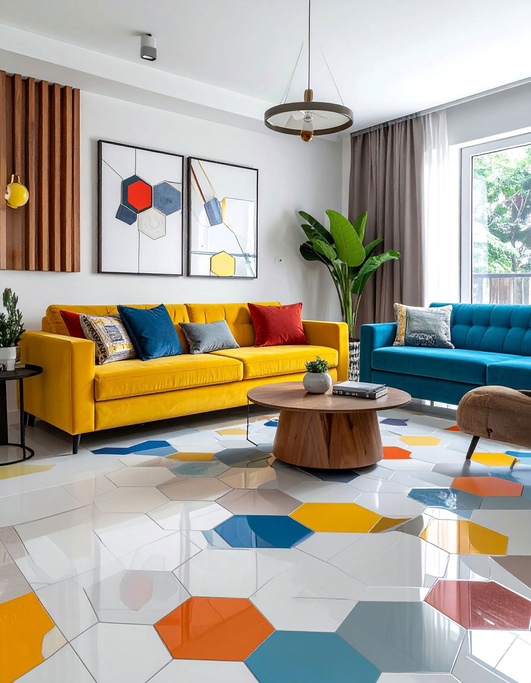 Geometric Pattern Statement Floor - 20 Living Room Vinyl Flooring Ideas for Modern Homes