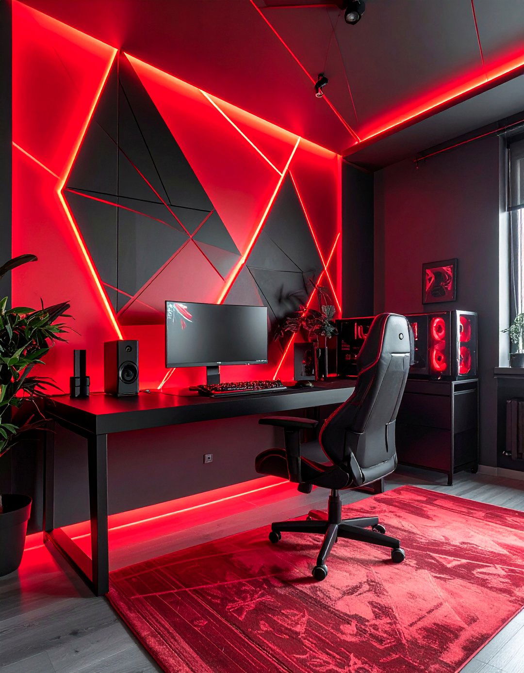 Geometric Red Wall Art in a Black Gaming Setup - 20 Red and Black Gaming Setup Ideas for Gamers