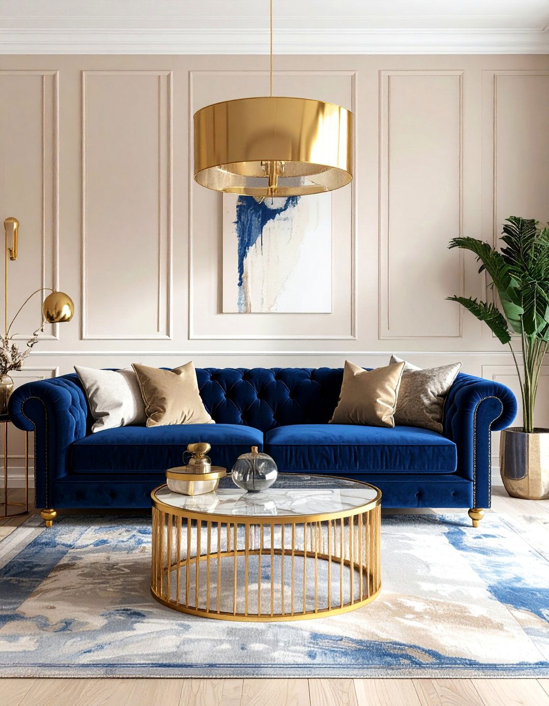 Glamorous Blue and Beige Living Room with Gold Accents - 20 Blue and Beige Living Room Ideas for a Calm Space