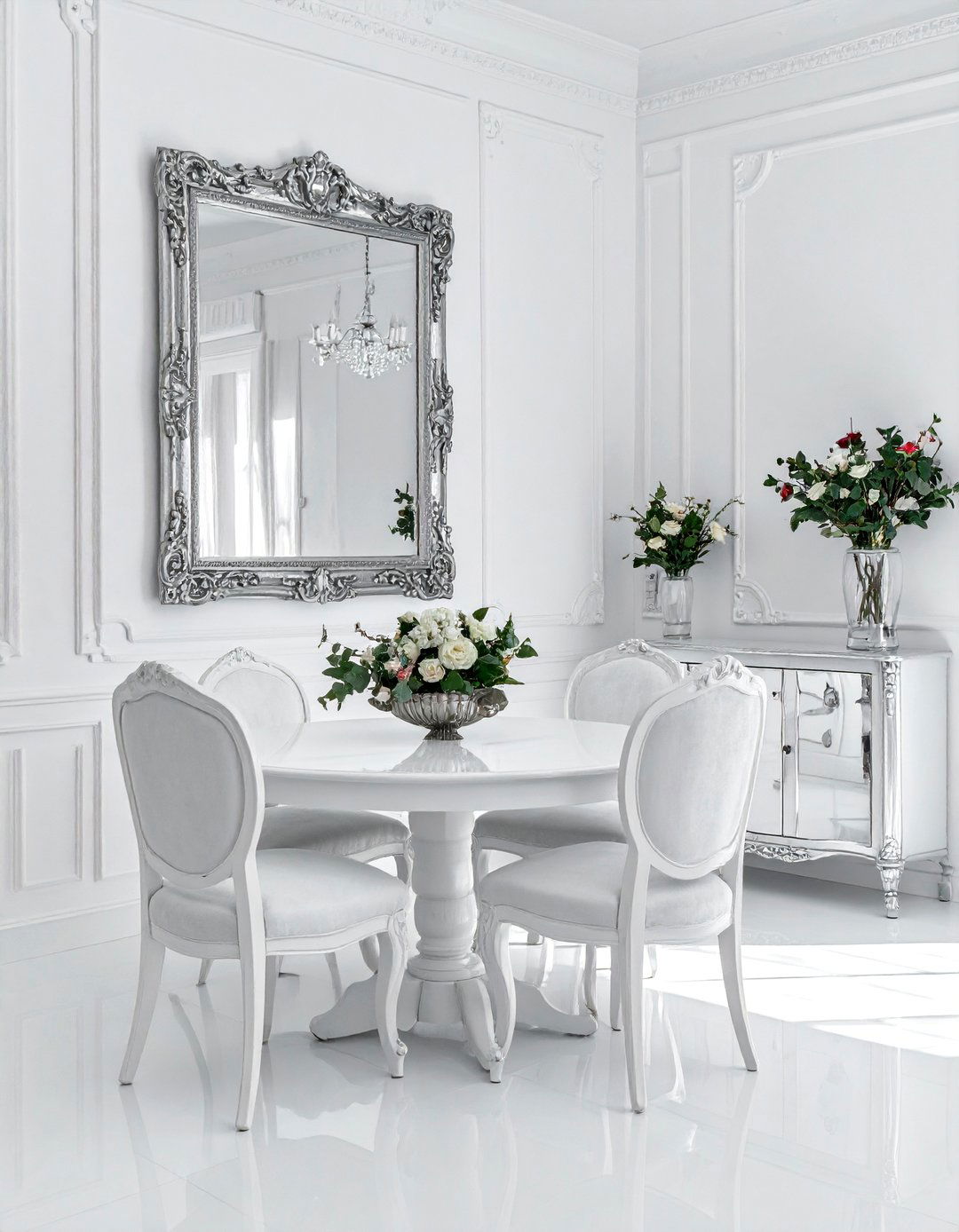 Glamorous White Dining Room with Mirrored Surfaces - 30 Elegant White Dining Room Ideas for a Timeless Look