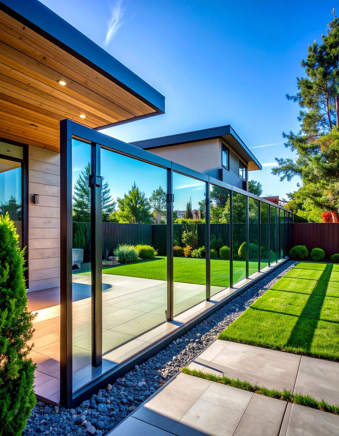 Glass Panel Modern Transparency Fence - 25 Backyard Fence Ideas to Enhance Your Outdoor Space