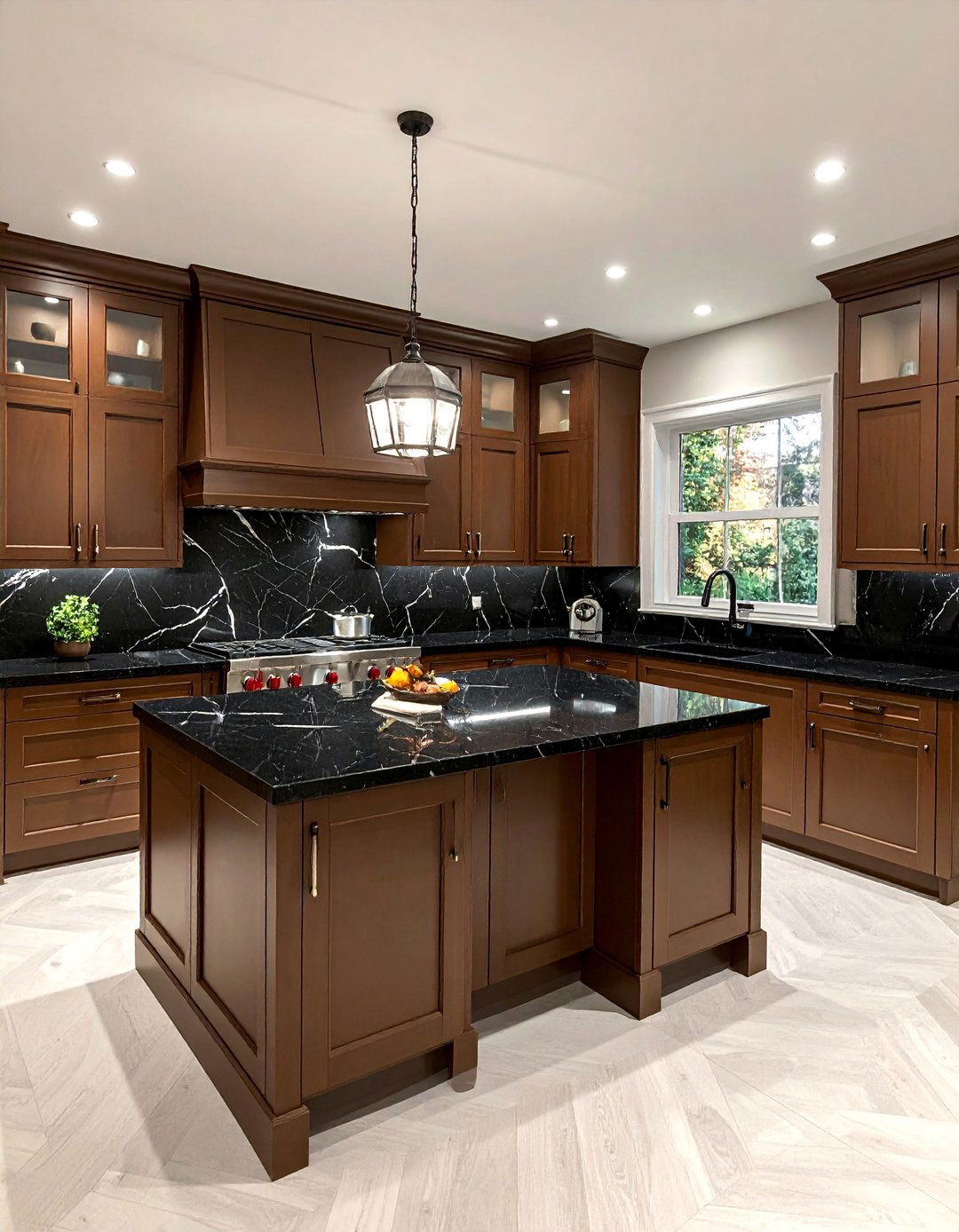 Glazed Brown Cabinets with Black Marble Look Quartz Countertops - 20 Kitchen with Brown Cabinets and Black Countertops