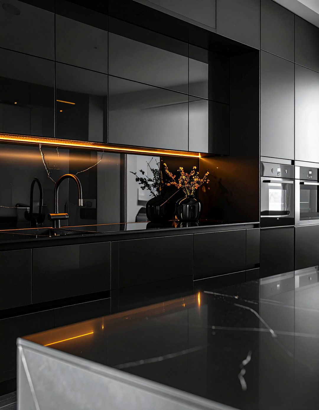 Glossy Black Kitchen Cabinets with Integrated Handles - 40 Black Kitchen Ideas for a Sleek and Sophisticated Look