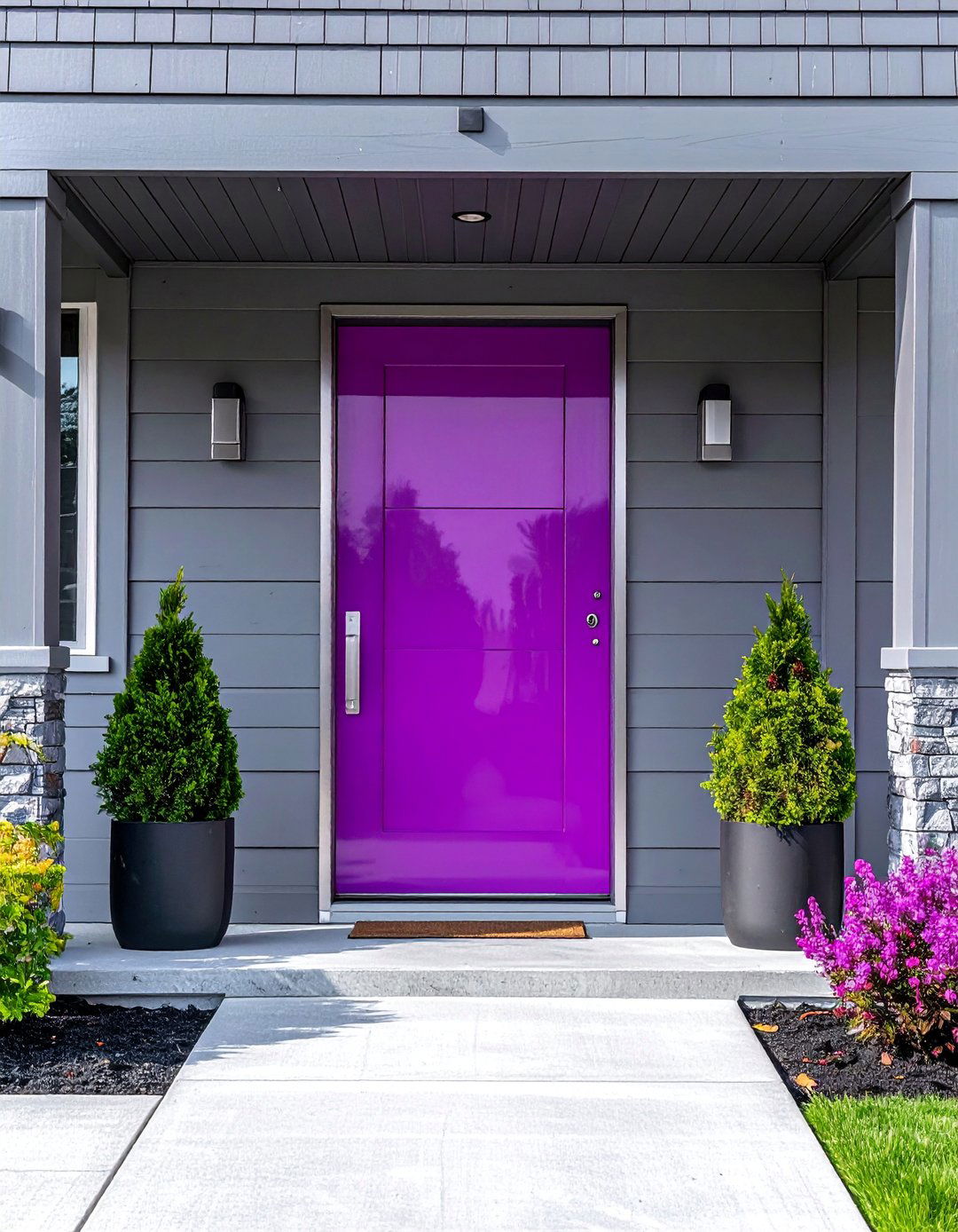 Glossy Orchid Purple Front Door on a Gray House - 20 Purple Front Door Ideas for a Bold Entrance