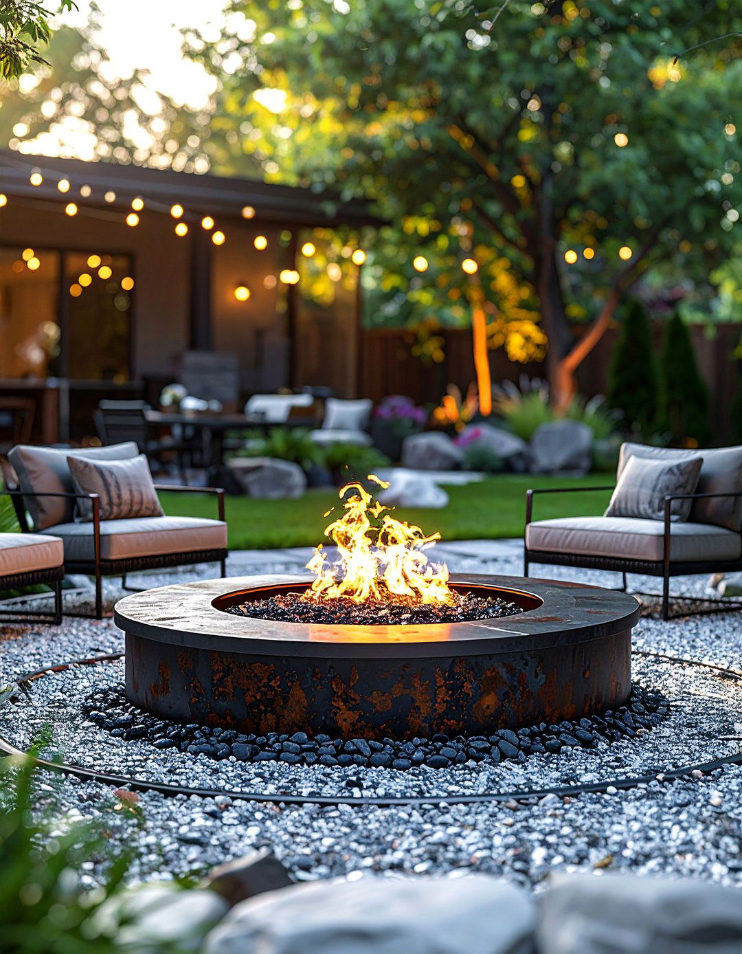 Gravel Patio with Steel Ring Insert - 20 Front Yard Fire Pit Ideas for Cozy Evenings