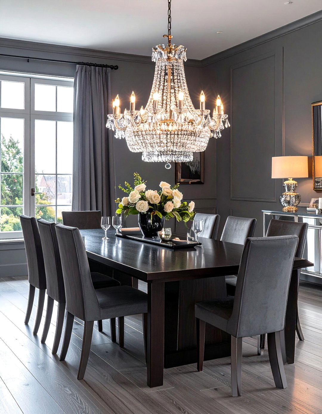 Gray Dining Room Featuring a Glamorous Chandelier - 25 Gray Dining Room Ideas for a Stylish Space
