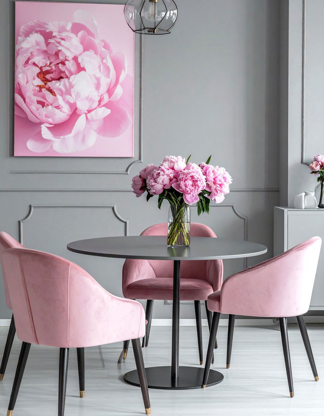 Gray Dining Room with Blush Pink Details - 25 Gray Dining Room Ideas for a Stylish Space