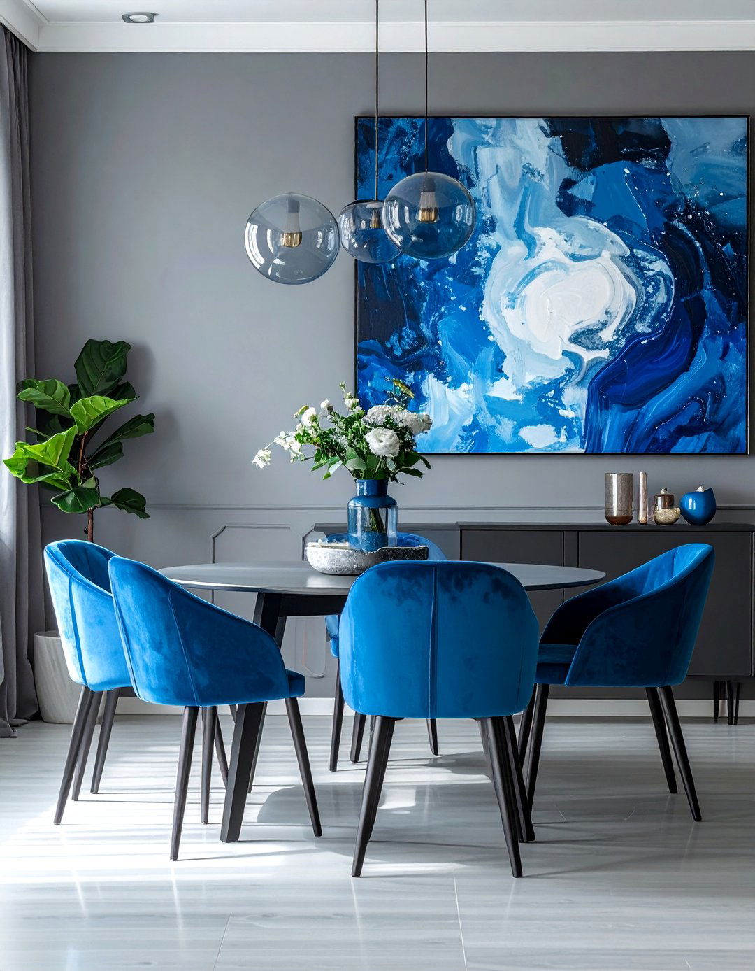 Gray Dining Room with Vibrant Blue Accessories - 25 Gray Dining Room Ideas for a Stylish Space
