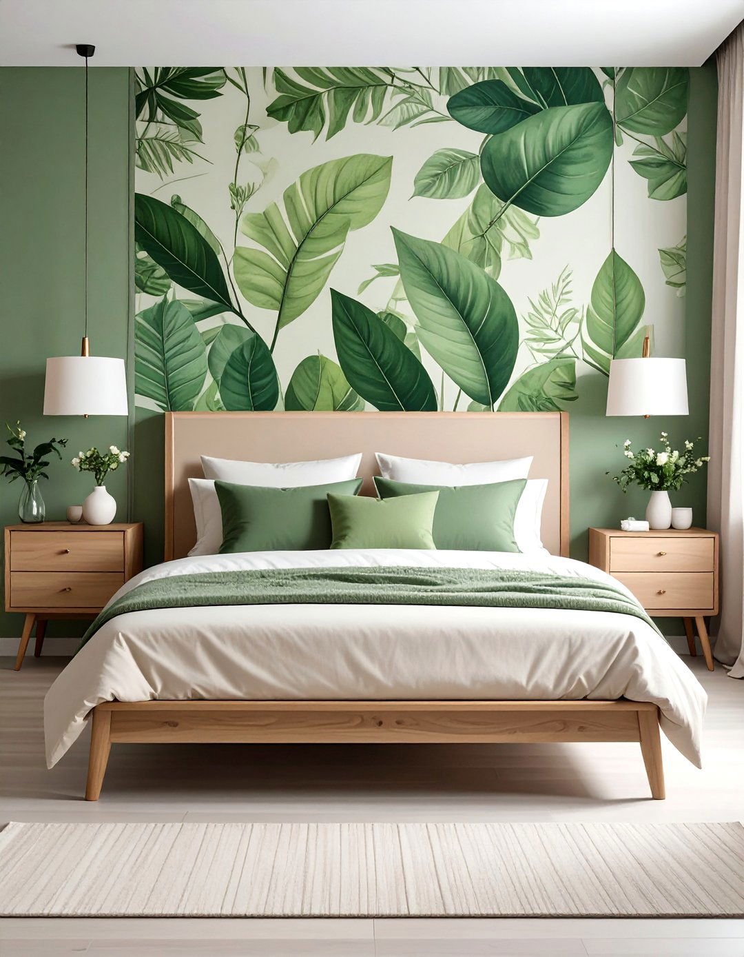 Green Botanical Print Wallpaper with Beige Furniture - 30 Green and Beige Bedroom Ideas for Serenity