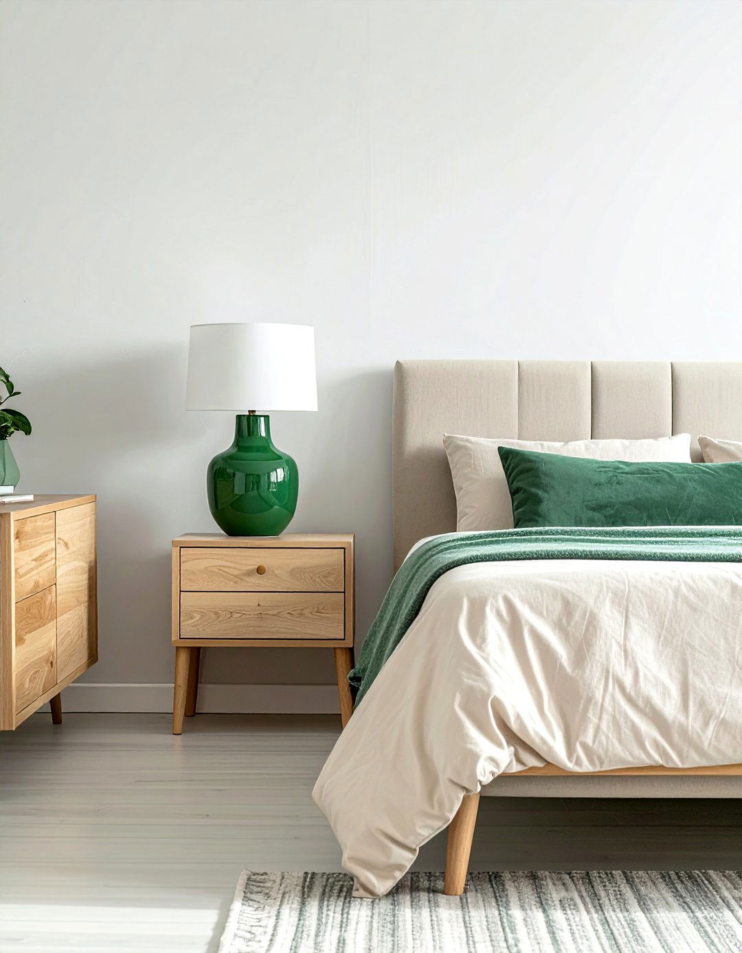 Green Ceramic Lamps on Beige Nightstands - 30 Green and Beige Bedroom Ideas for Serenity
