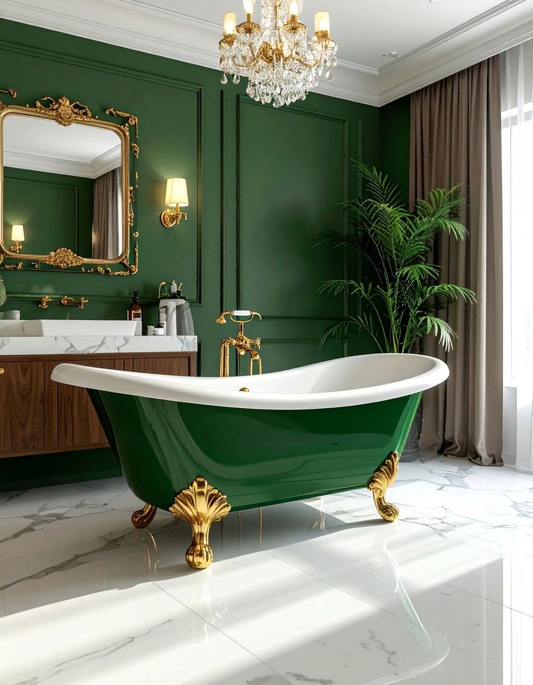 Green Freestanding Bathtub with Gold Clawfoot Legs - 20 Green and Gold Bathroom Ideas for a Luxurious Feel