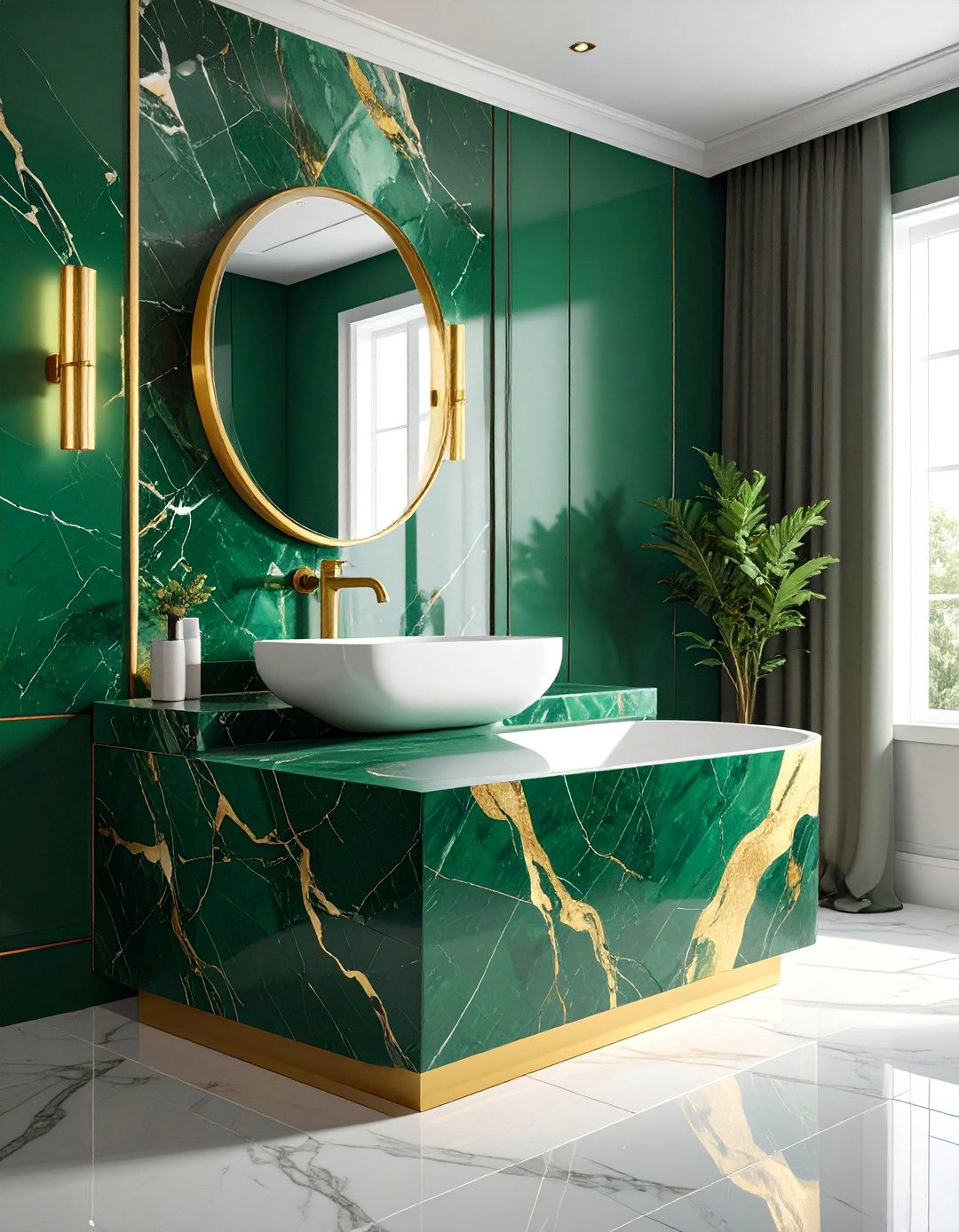 Green Marble Countertop with Gold Inclusions - 20 Green and Gold Bathroom Ideas for a Luxurious Feel