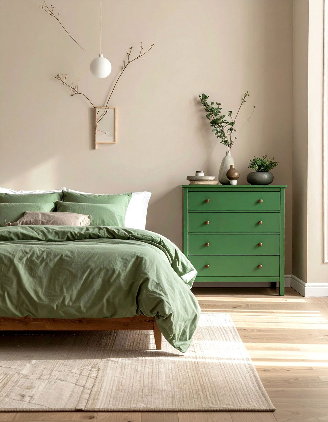 Green Painted Dresser in a Neutral Beige Room - 30 Green and Beige Bedroom Ideas for Serenity