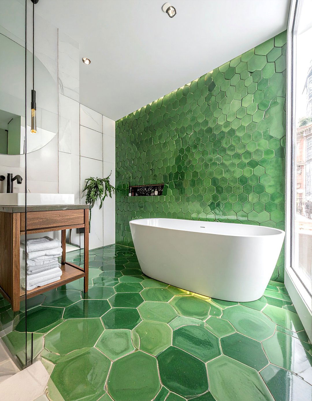 Green Penny Round and Hexagon Mix Bathroom Floor - 25 Green Tile Bathroom Ideas for a Fresh Look