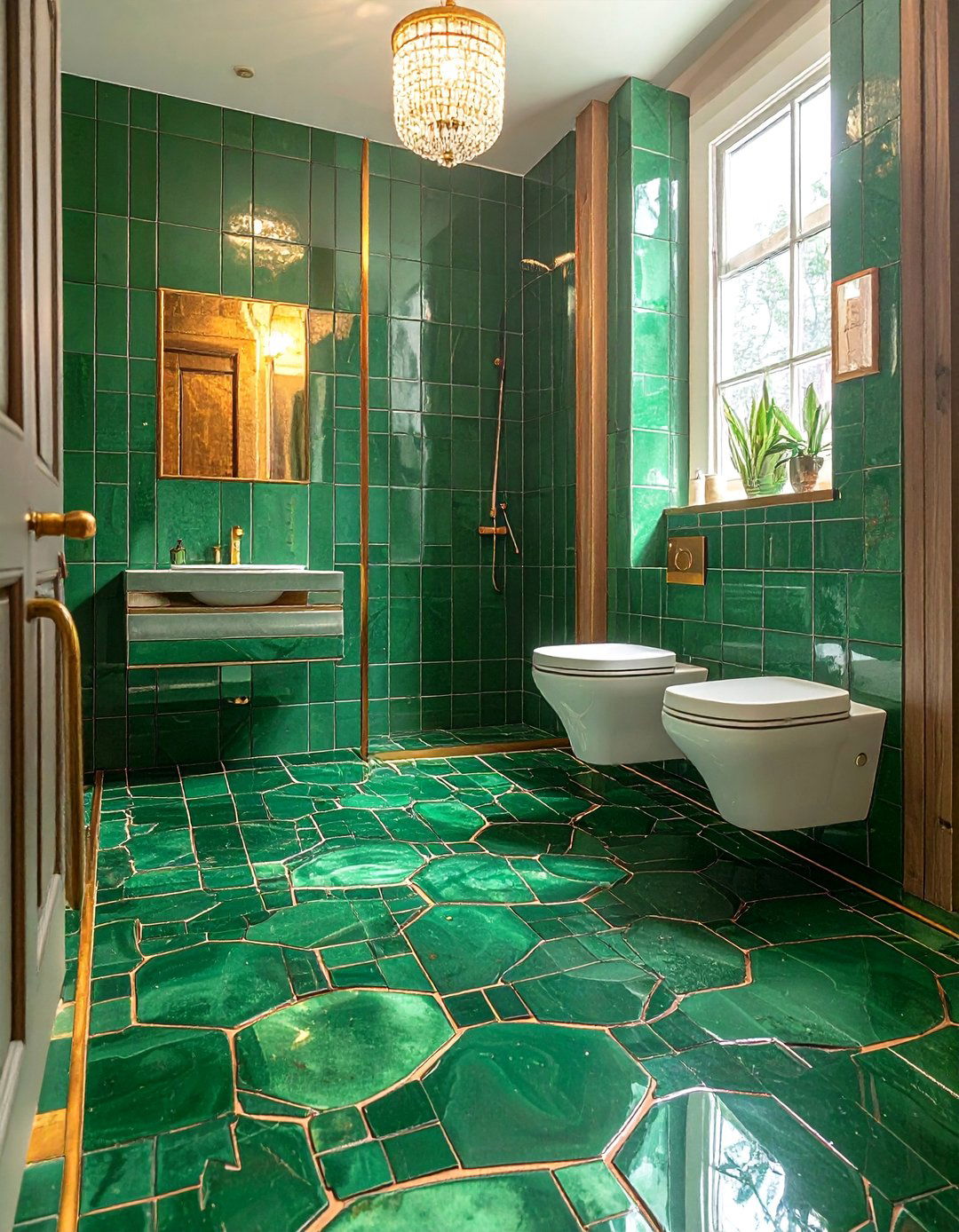 Green Penny Tiles on the Floor with Gold Grout - 20 Green and Gold Bathroom Ideas for a Luxurious Feel