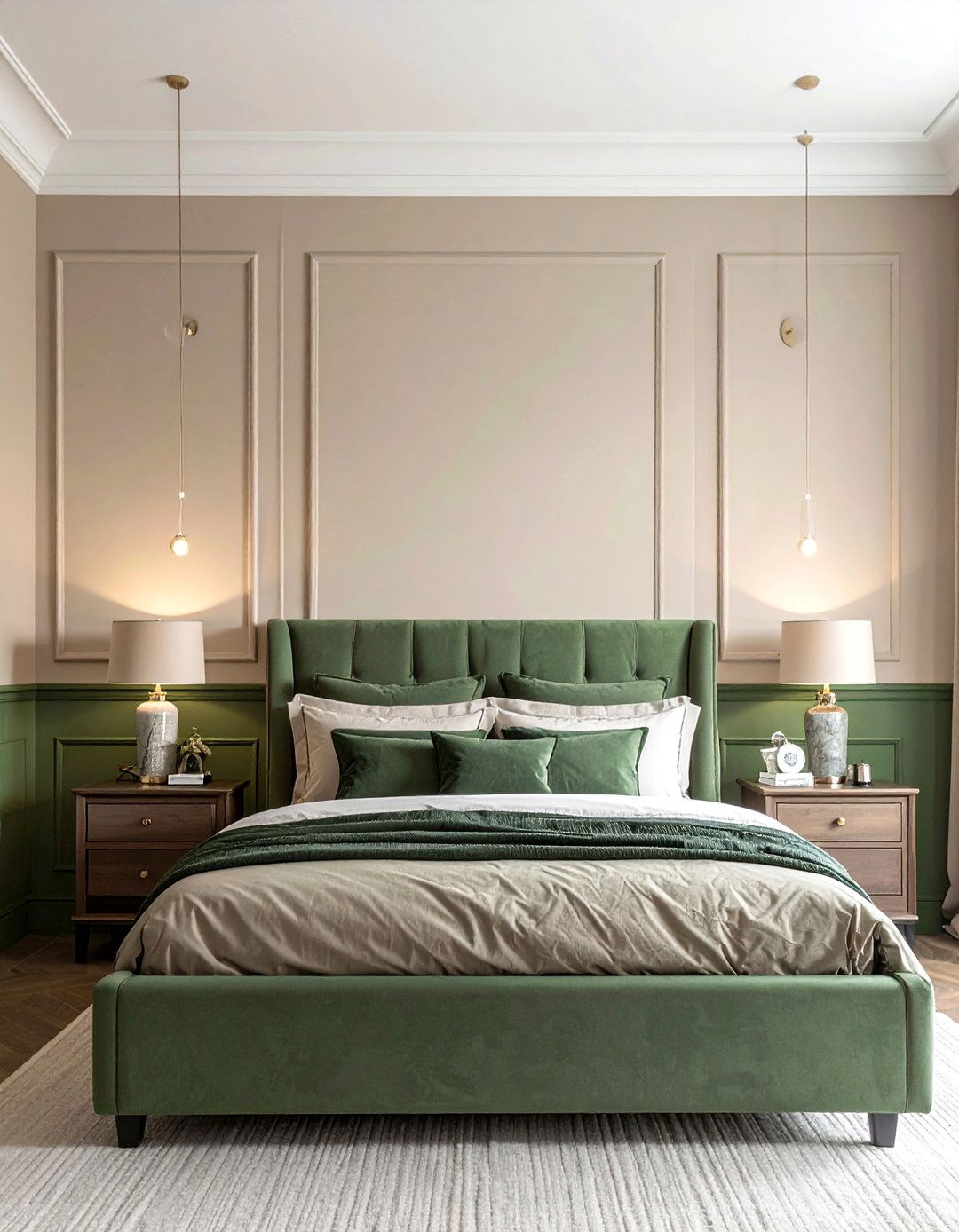 Green Wainscoting with Beige Upper Walls - 30 Green and Beige Bedroom Ideas for Serenity