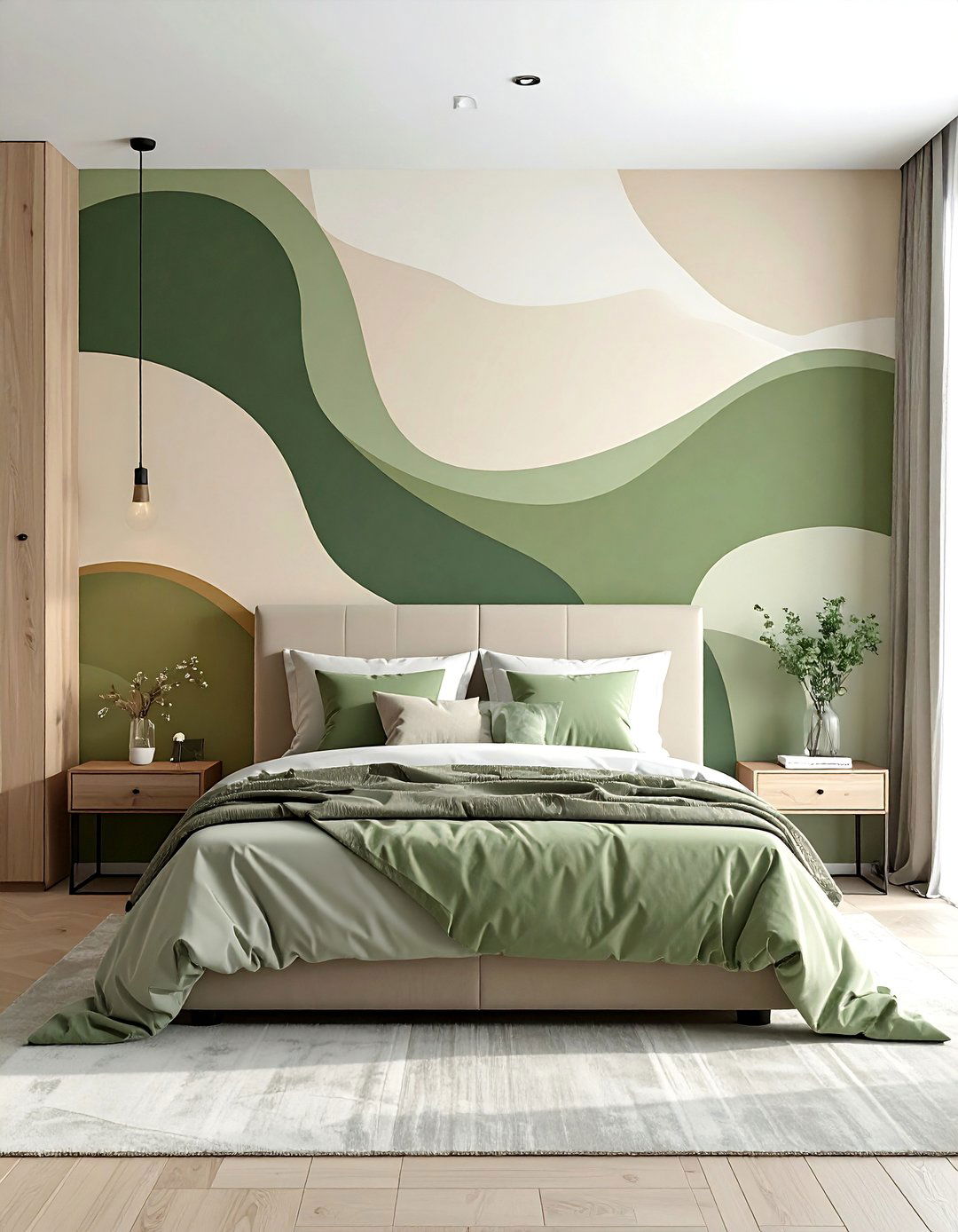 Green and Beige Abstract Mural - 30 Green and Beige Bedroom Ideas for Serenity