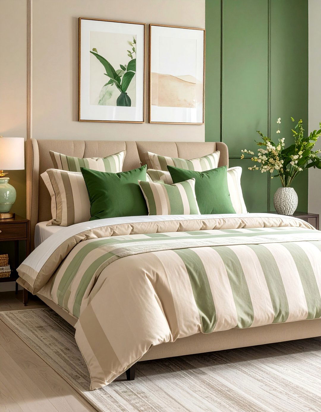 Green and Beige Striped Accent Pillow Combination - 30 Green and Beige Bedroom Ideas for Serenity