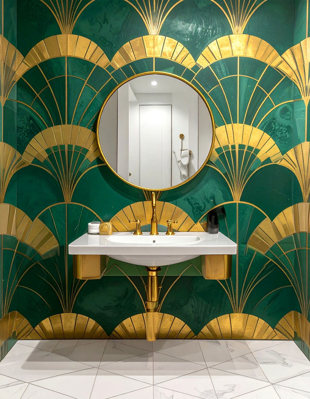 Green and Gold Geometric Wallpaper - 20 Green and Gold Bathroom Ideas for a Luxurious Feel