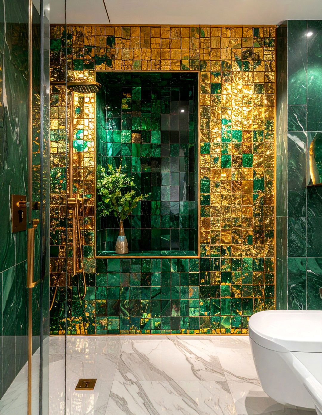 Green and Gold Mosaic Tile Niche - 20 Green and Gold Bathroom Ideas for a Luxurious Feel