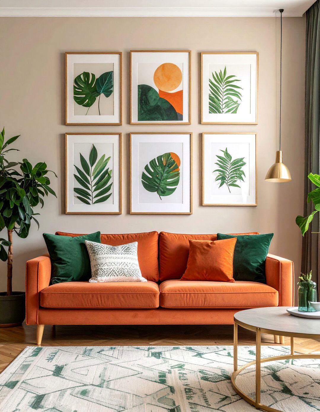 Green and Terracotta Gallery Wall - 20 Green and Terracotta Living Room Ideas for Warmth