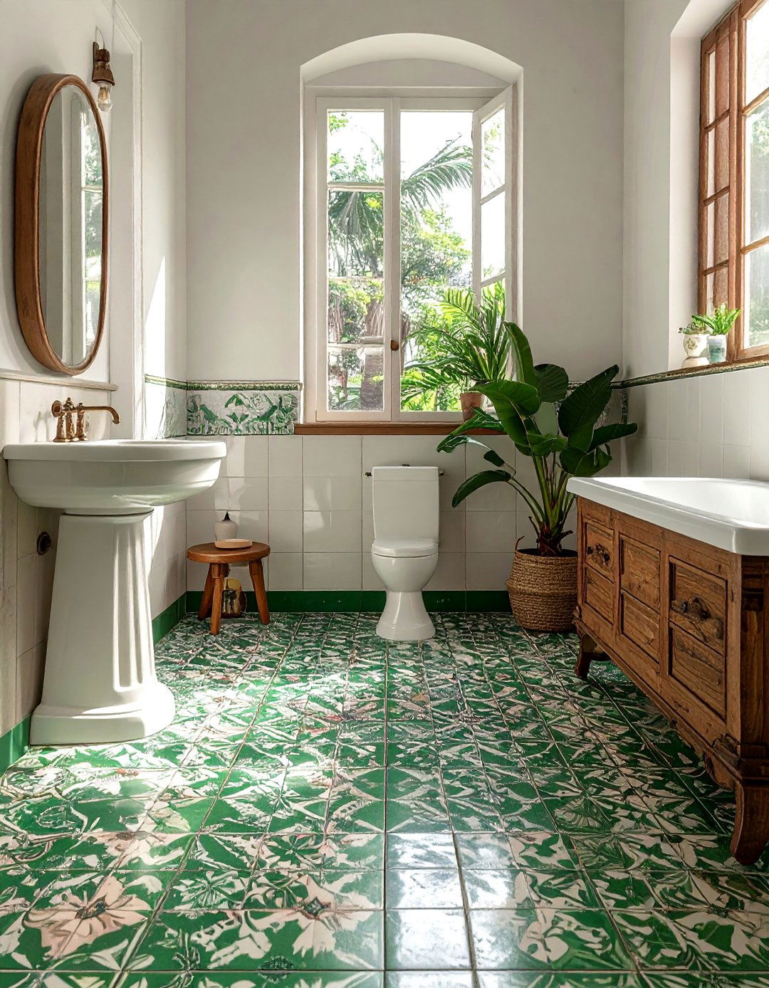 Green and White Patterned Tile Bathroom Floor - 25 Green Tile Bathroom Ideas for a Fresh Look