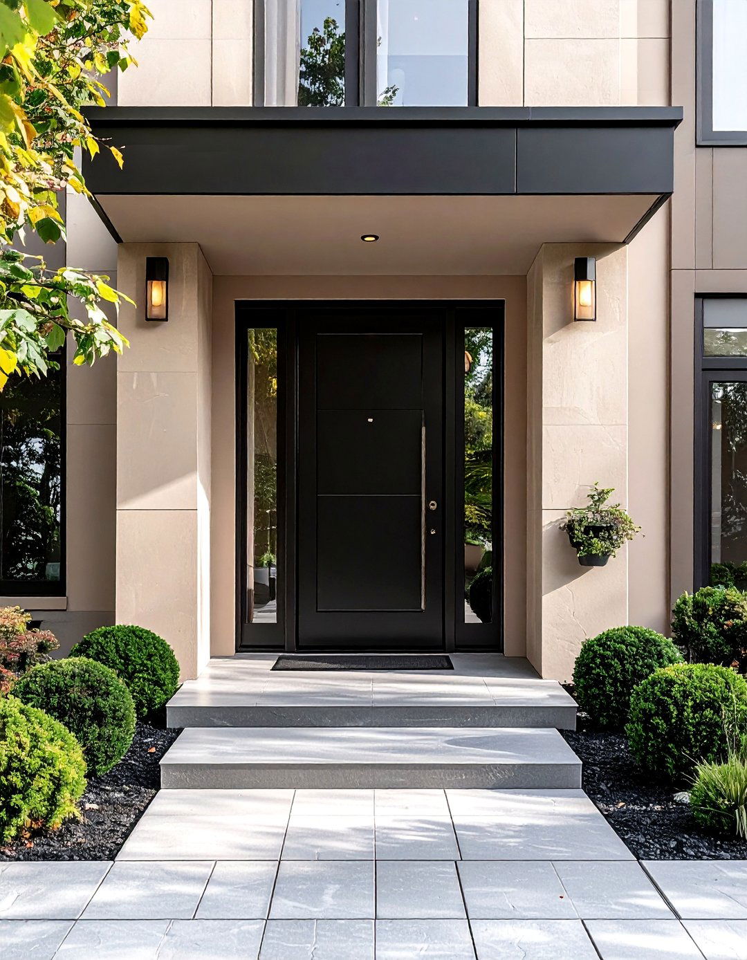 Greige Exterior with a Black Statement Front Door - 30 Beige and Black House Exterior Ideas for Curb Appeal