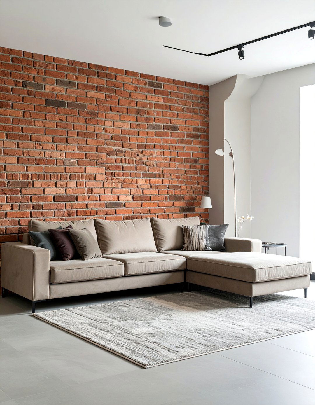 Greige Living Room with an Exposed Brick Accent Wall - 20 Greige Living Room Ideas for a Modern and Cozy Space