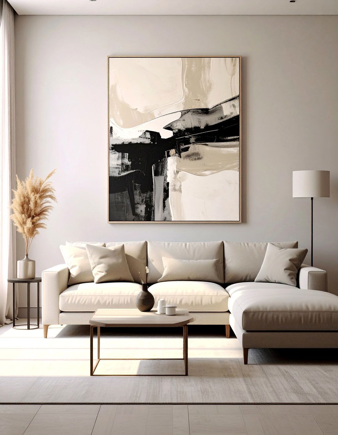 Greige Walls with Large Scale Neutral Art - 20 Greige Living Room Ideas for a Modern and Cozy Space