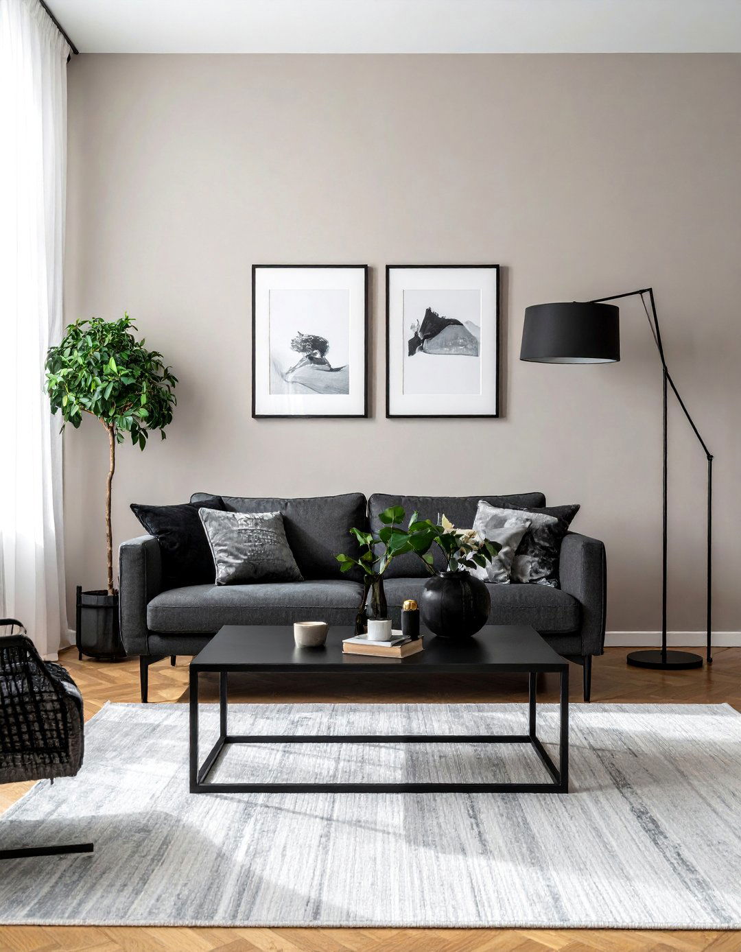 Greige and Black Accents for Dramatic Contrast - 20 Greige Living Room Ideas for a Modern and Cozy Space
