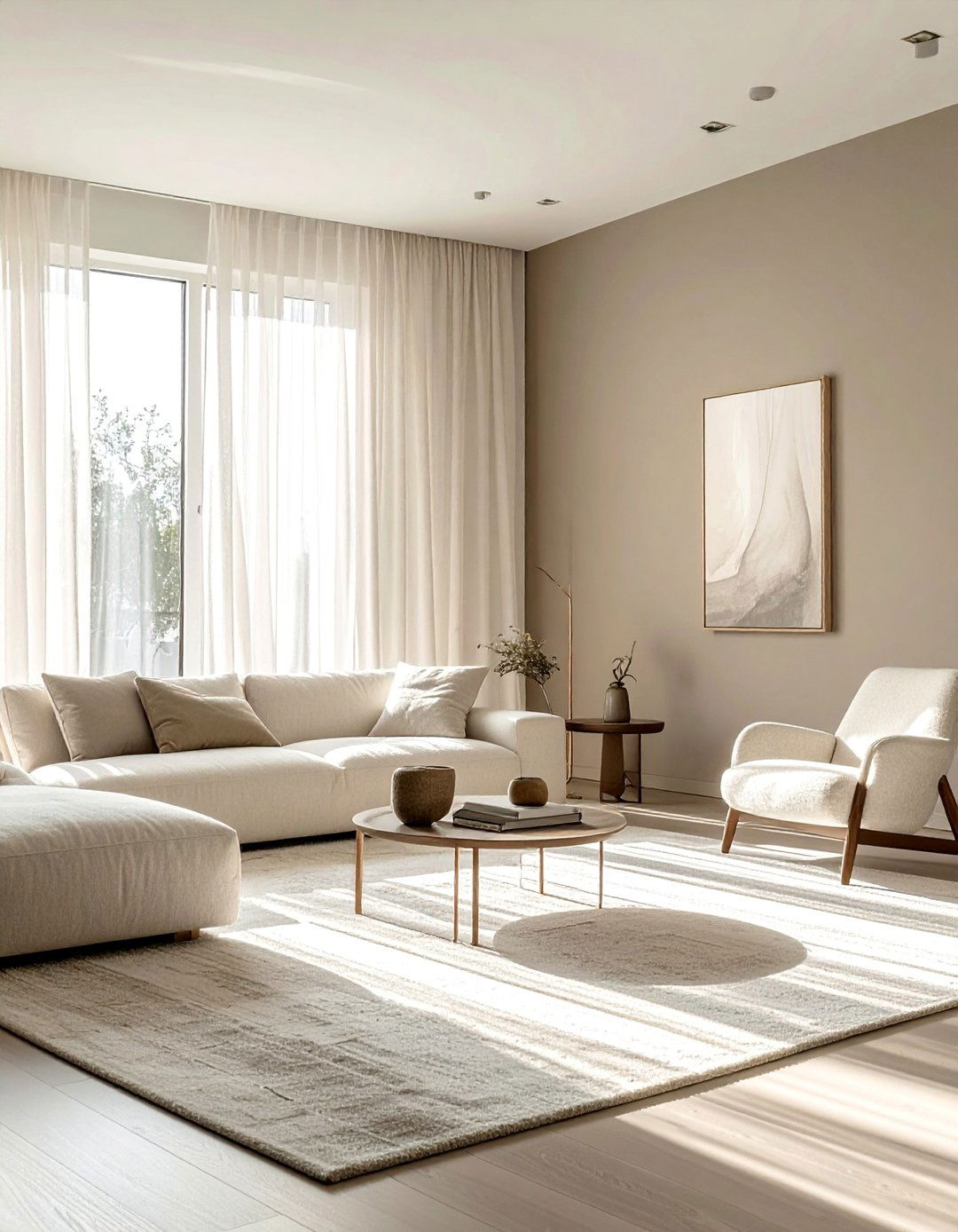 Greige with Sheer White Curtains for a Light Filled Space - 20 Greige Living Room Ideas for a Modern and Cozy Space