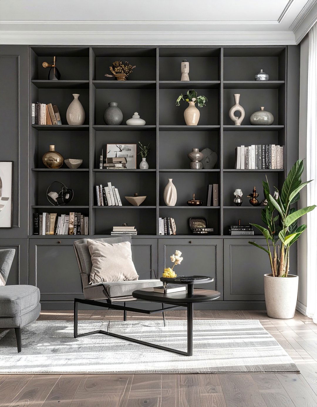 Grey Built In Bookshelves with Cream Decor - 30 Grey and Cream Living Room Ideas for Elegance